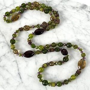 Long Beaded Green and Purple Necklace